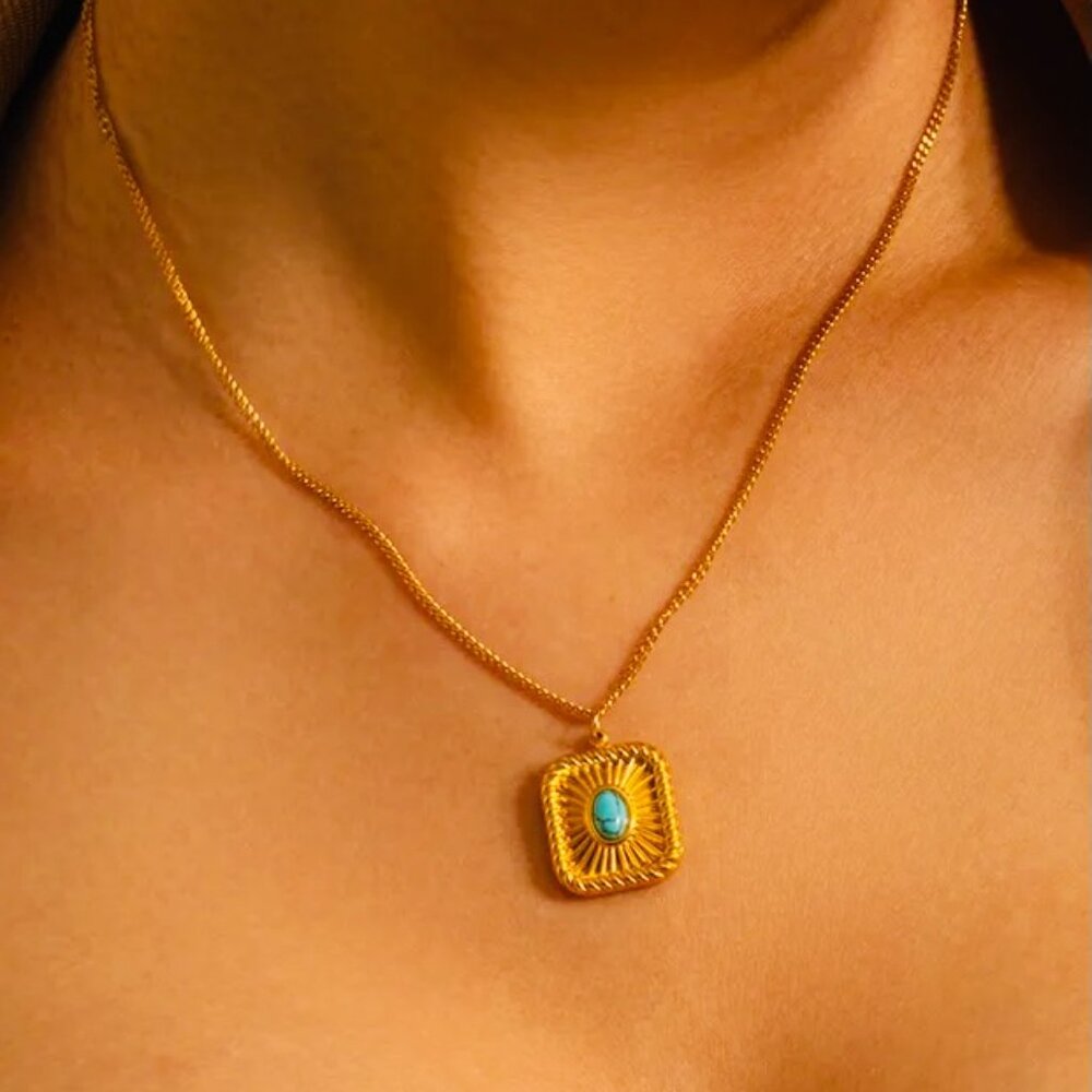 Turquoise square pendant necklace, 18K gold plated, stainless steel